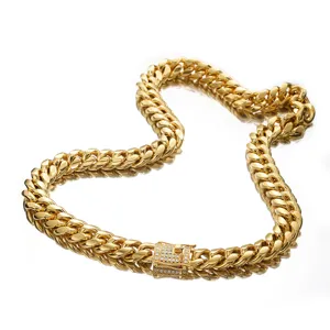 Gold stainless steel Miami Cuban link chain necklace with micro pave diamond clasp for men