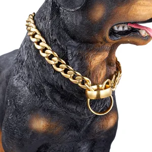 Gold 13mm stainless steel Cuban link dog collar detail, heavy duty pet chain with ring design.