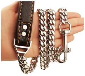 Stainless steel heavy duty Cuban chain dog leash close up detail view with leather handle.