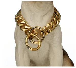 Gold stainless steel Cuban link dog chain collar detail, heavy duty pet metal training slip chain