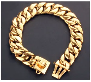 Heavy duty 32mm gold stainless steel Cuban link dog chain collar for large bully pets.