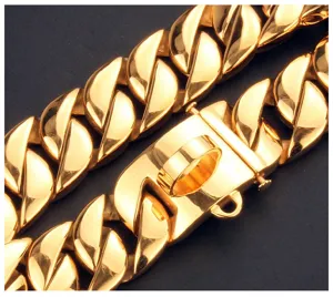 Heavy duty 32mm gold metal dog chain collar, durable stainless steel cuban link pet supply.