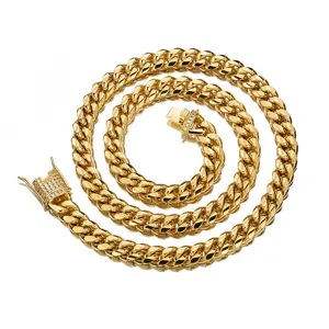 Gold Miami Cuban link chain necklace with paved crystal clasp stainless steel fashion jewelry