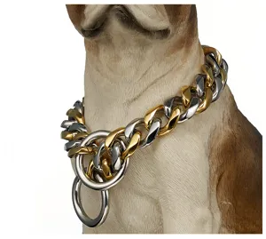 Stainless steel heavy dog chain collar, gold and silver color, sturdy pet supply for large dogs.