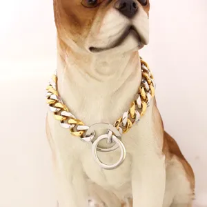 Collier pour chien en acier inoxydable 15mm chaîne cubaine or et argent double anneau.