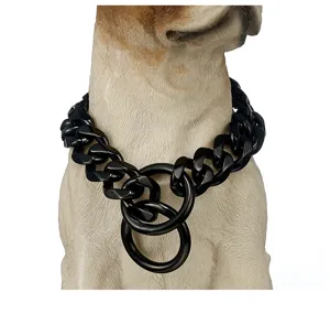 Heavy duty black metal dog chain collar Cuban link pet training collar with double rings