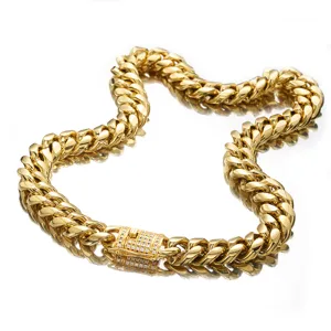 Gold Miami Cuban link chain for men and women, stainless steel iced out rhinestone lock.