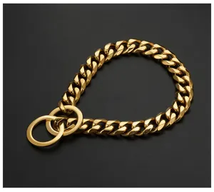 Gold metal dog chain collar detailed view, heavy duty stainless steel Cuban link pet supply.