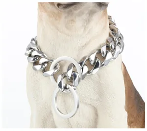 Close up of heavy stainless steel cuban link dog chain collar with rings on display model.