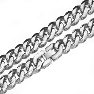 Detail view of a 15mm heavy stainless steel Cuban link chain necklace for men, polished finish.