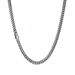 Stainless steel Cuban link chain necklace detail, durable hip-hop style silver metal jewelry.