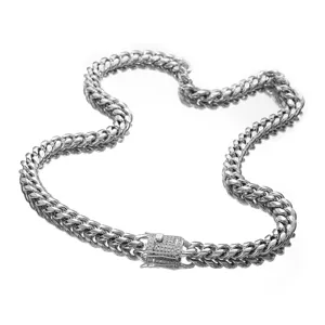Detailed view of silver stainless steel Cuban link chain with sparkling paved crystal clasp.
