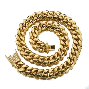 Gold Cuban link chain necklace with iced out diamond clasp, stainless steel Miami necklace.