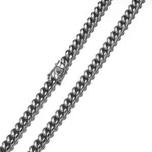 Stainless steel cuban link chain hip hop necklace close up detail silver tone men jewelry