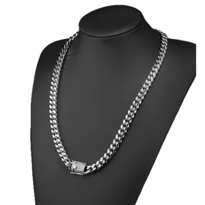 Stainless steel Cuban link chain necklace with micro-paved zirconia lock for men.