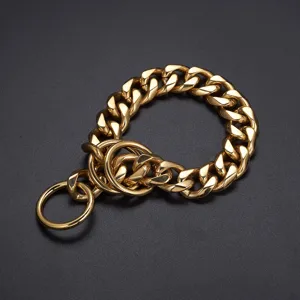 Gold stainless steel cuban link dog chain collar heavy duty metal pet training P-chain