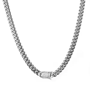 Stainless steel Cuban link chain necklace detail showcasing the micro pave zirconia box clasp.