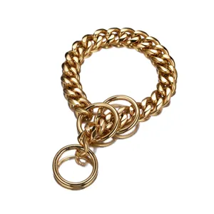 Heavy duty golden stainless steel dog slip chain detail view, 15mm 19mm sturdy pet collar.