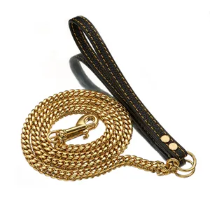 Gold Cuban Chain Dog Leash with Black Leather Handle Heavy Duty Metal Pet Training Lead