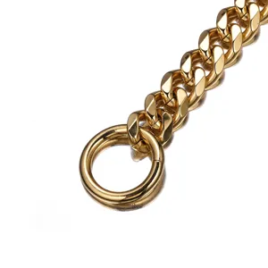 Heavy duty gold pet chain collar stainless steel Cuban link dog training collar with round ring