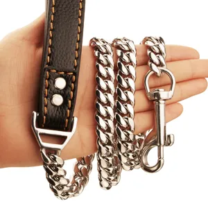 Heavy-duty metal Cuban link dog leash with black leather handle, main product display.