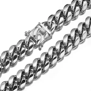 Stainless steel Cuban link chain necklace close-up, heavy metal hip-hop jewelry for men detail