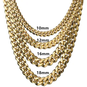 Detailed view of golden cuban link chains in various widths from 10mm to 18mm for hip hop style.