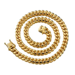 Gold Cuban link chain necklace for men, hip hop stainless steel jewelry accessory.