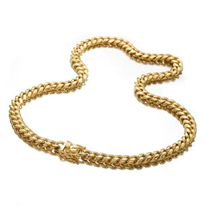 Detailed view of golden Cuban link titanium steel hip hop necklace with dragon head clasp.