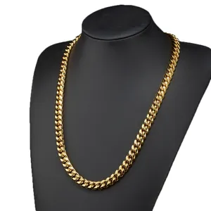 Close-up detail of the gold Cuban link chain necklace showcasing polished metallic luster.