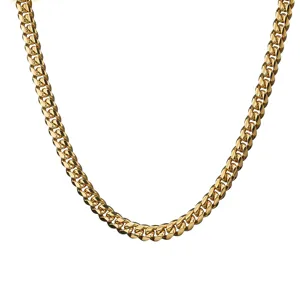 Close-up detail of a classic gold-colored Cuban link chain necklace, showcasing fine links.