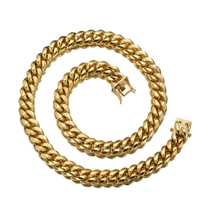Close up detail of gold Cuban link chain necklace, premium titanium steel hip hop jewelry