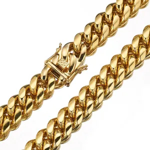 Gold Cuban chain detail view, hip-hop stainless steel link necklace with secure box clasp.
