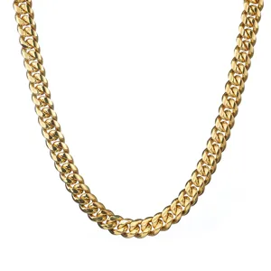 Gold Cuban link chain necklace for men, hip-hop stainless steel jewelry, durable fashion accessory.
