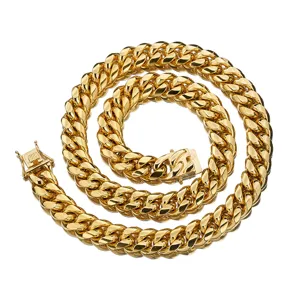 Gold Cuban link chain necklace for men, heavy hip hop stainless steel jewelry item.