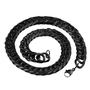 Black stainless steel double curb chain necklace for men, cool hip hop style fashion detail.
