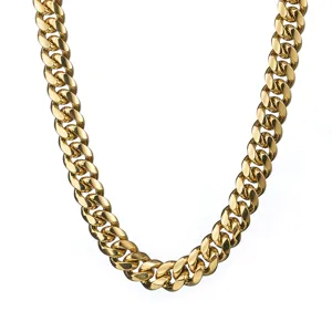Gold Cuban link chain necklace for men, heavy hip hop stainless steel jewelry detail view.