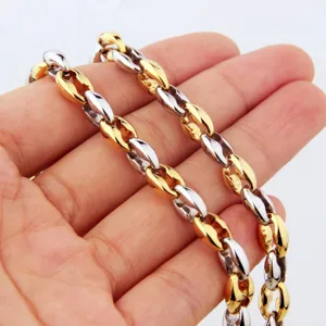 Men's two-tone stainless steel coffee bean chain necklace, fashion chunky jewelry item.