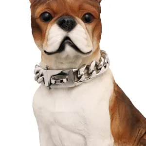 Detail view of a 19mm heavy stainless steel dog chain collar with secure metal locking clasp.