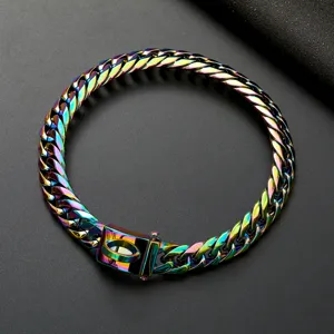 Close-up detail of the 16mm rainbow titanium stainless steel Cuban chain pet collar with luster.