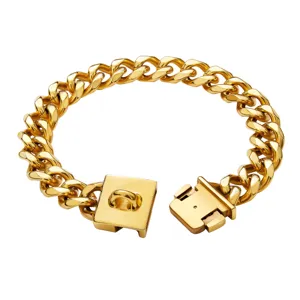 Close-up detail of the 23mm thick stainless steel gold cuban chain dog collar buckle.