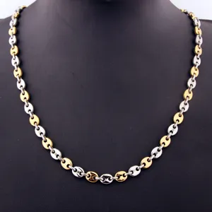 Two-tone stainless steel coffee bean chain necklace, hip-hop style fashion jewelry.