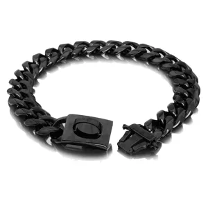 Detail view of a heavy 19mm black stainless steel cuban link dog chain collar with secure buckle.