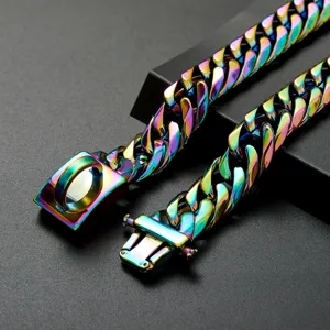 16mm heavy duty rainbow titanium steel Cuban link dog chain collar, durable pet metal accessory.