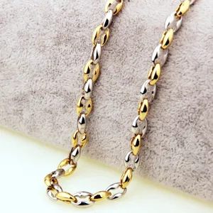 Men stainless steel two-tone coffee bean chain necklace fashion jewelry detail shot
