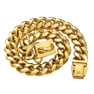 Langlebiges 14mm Gold Kubaketten Hundehalsband mit sicherem Verschluss für große Hunde.