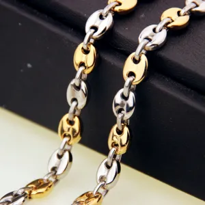 Two-tone stainless steel coffee bean chain necklace, stylish hip-hop jewelry for men and women.