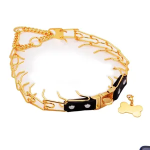 Gold stainless steel dog prong training collar with bone tag for large dogs detail view