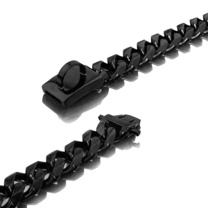 Detailed view of a 19mm black stainless steel cuban link dog chain collar with secure buckle.