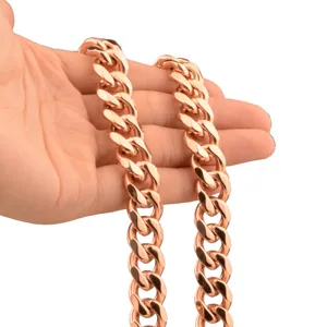 Thick rose gold plated titanium steel Cuban chain necklace, detailed view for men fashion jewelry.
